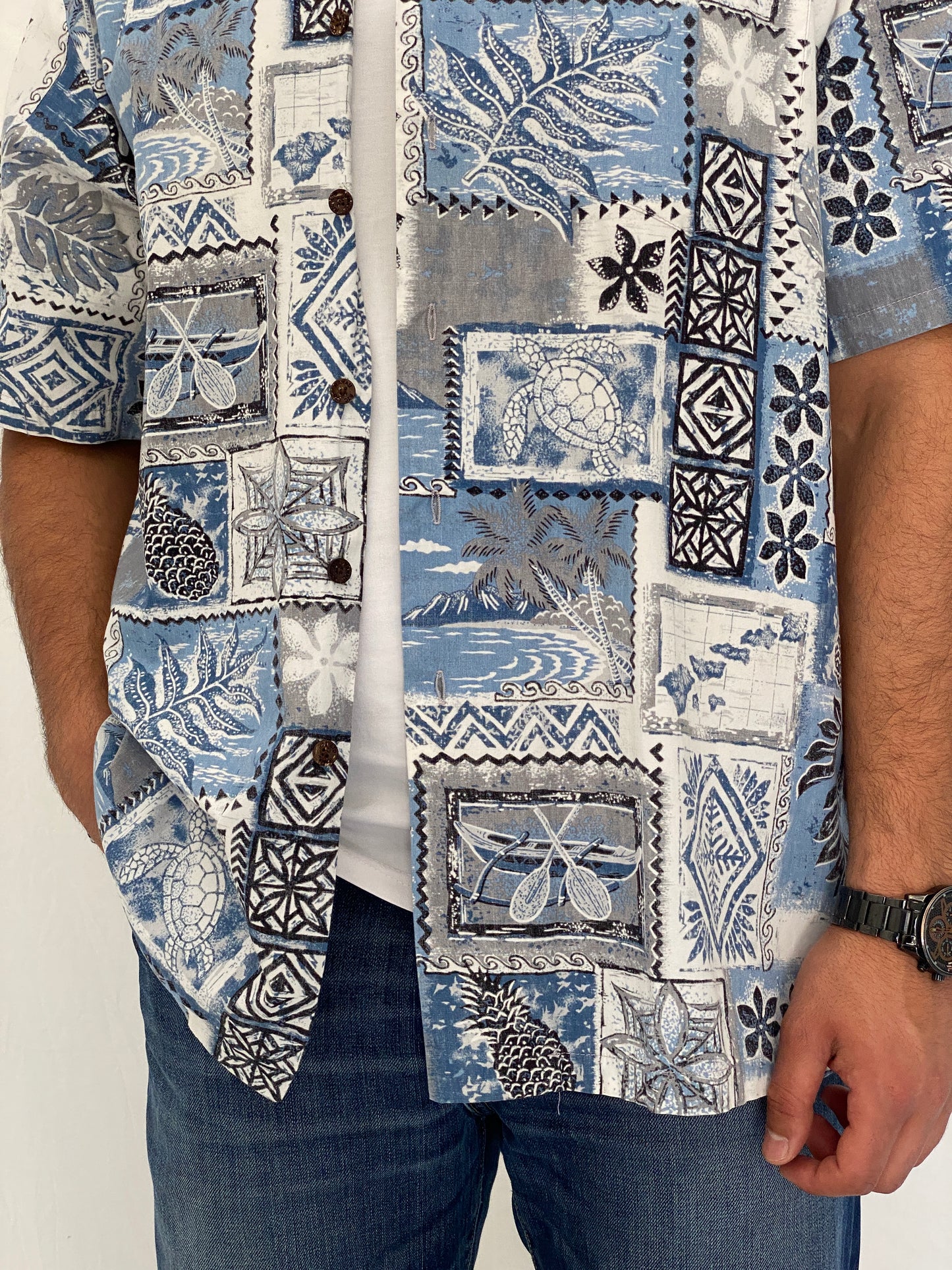 Vintage 90s RJC Blue Tropical Patchwork Hawaiian Camp Shirt - 2XL