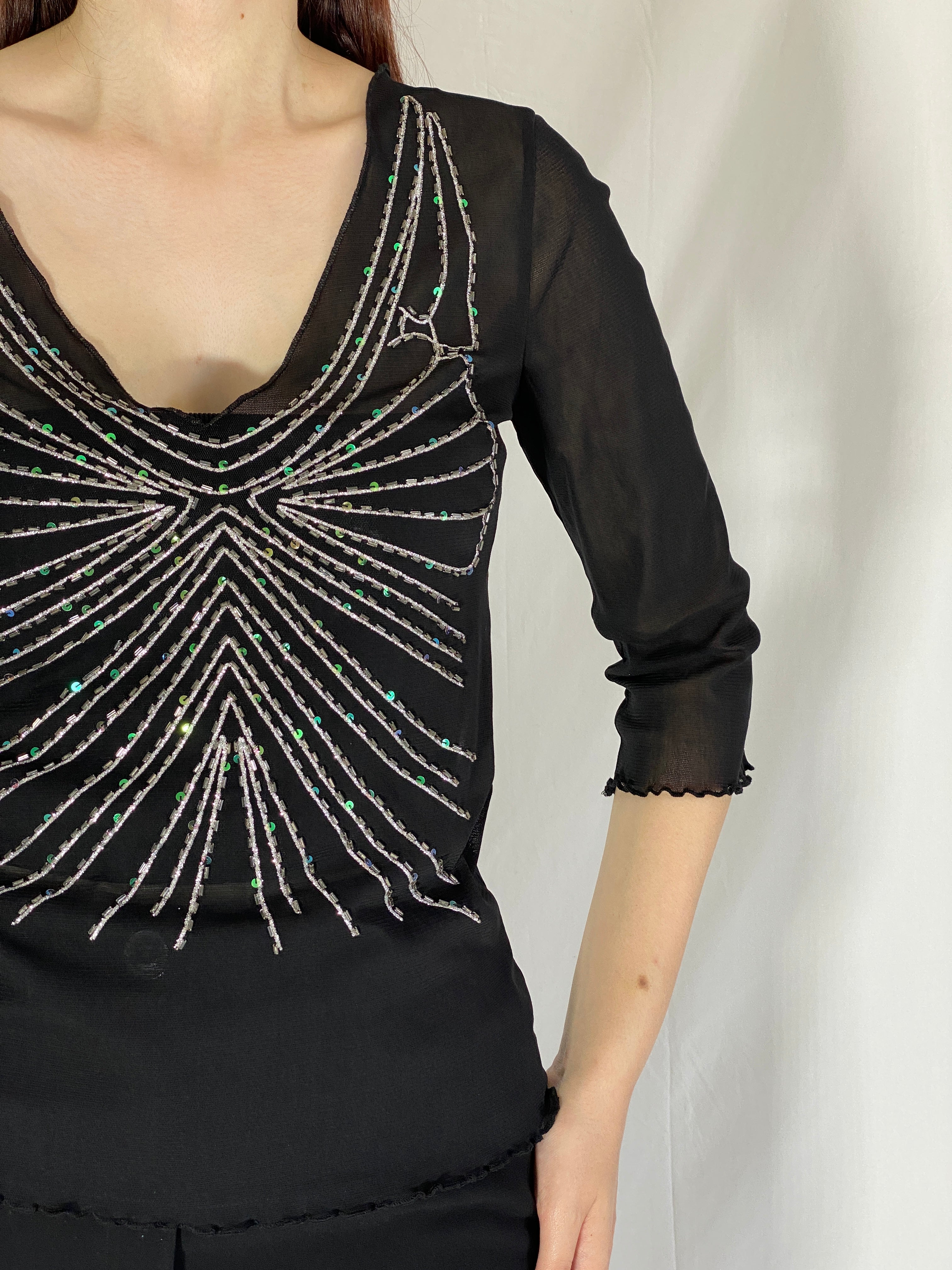 Vintage Y2K Jennifer Taylor Sheer Beaded Butterfly Mesh Top - L