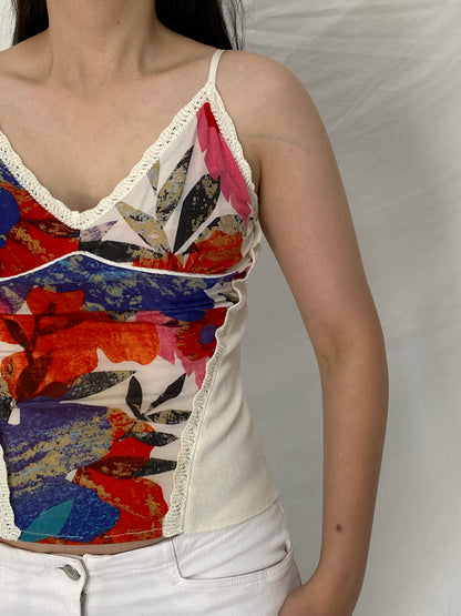 Vintage Y2K Abstract Floral Print Crochet Trim Cami Top Multicolor Knit Panel Cami - M