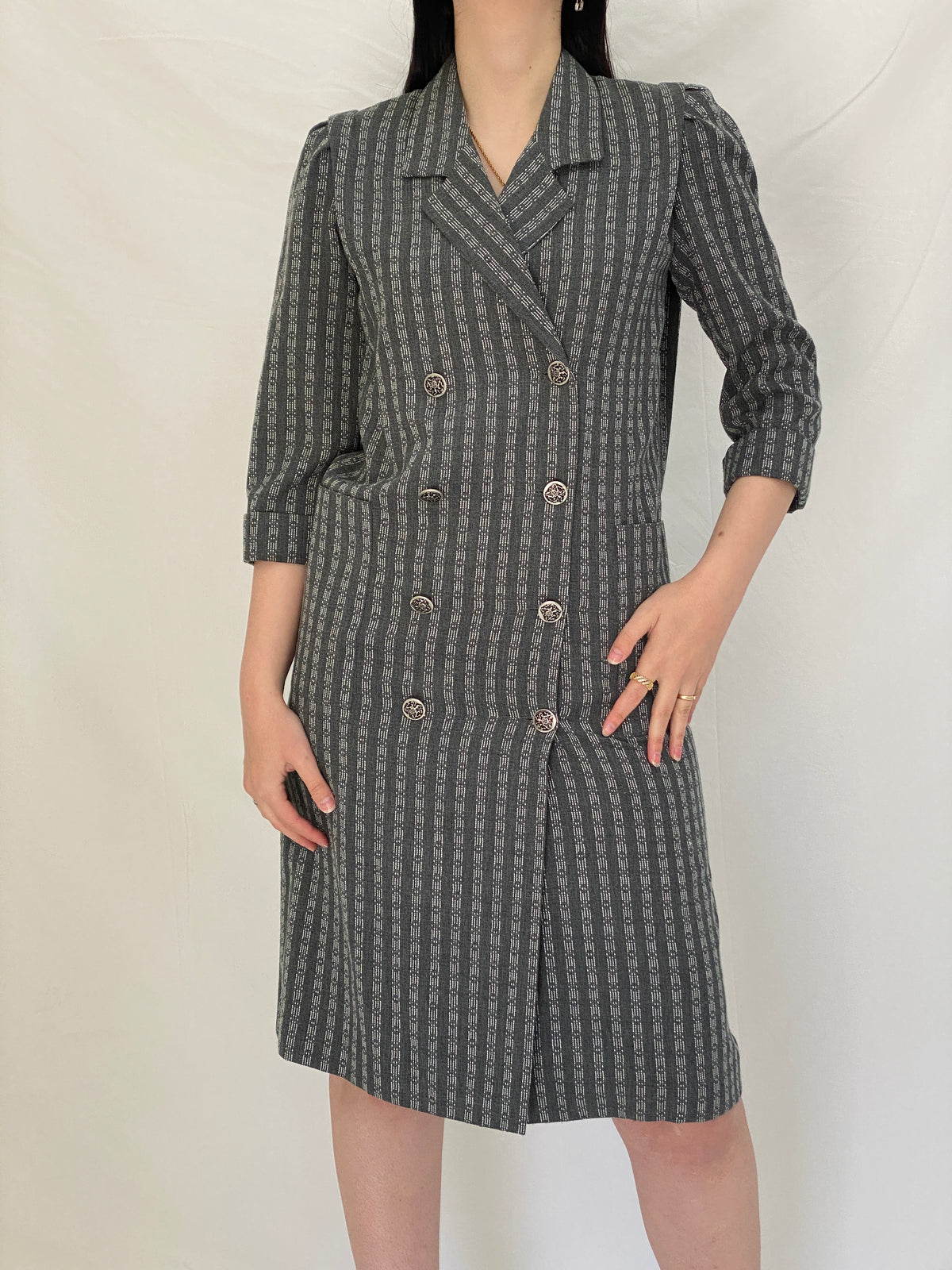 Vintage Leslie Fay Petites Gray Textured Double Breasted Blazer Dress - S Vintage Leslie Fay Petites Gray Textured Double Breasted Blazer Dress - S