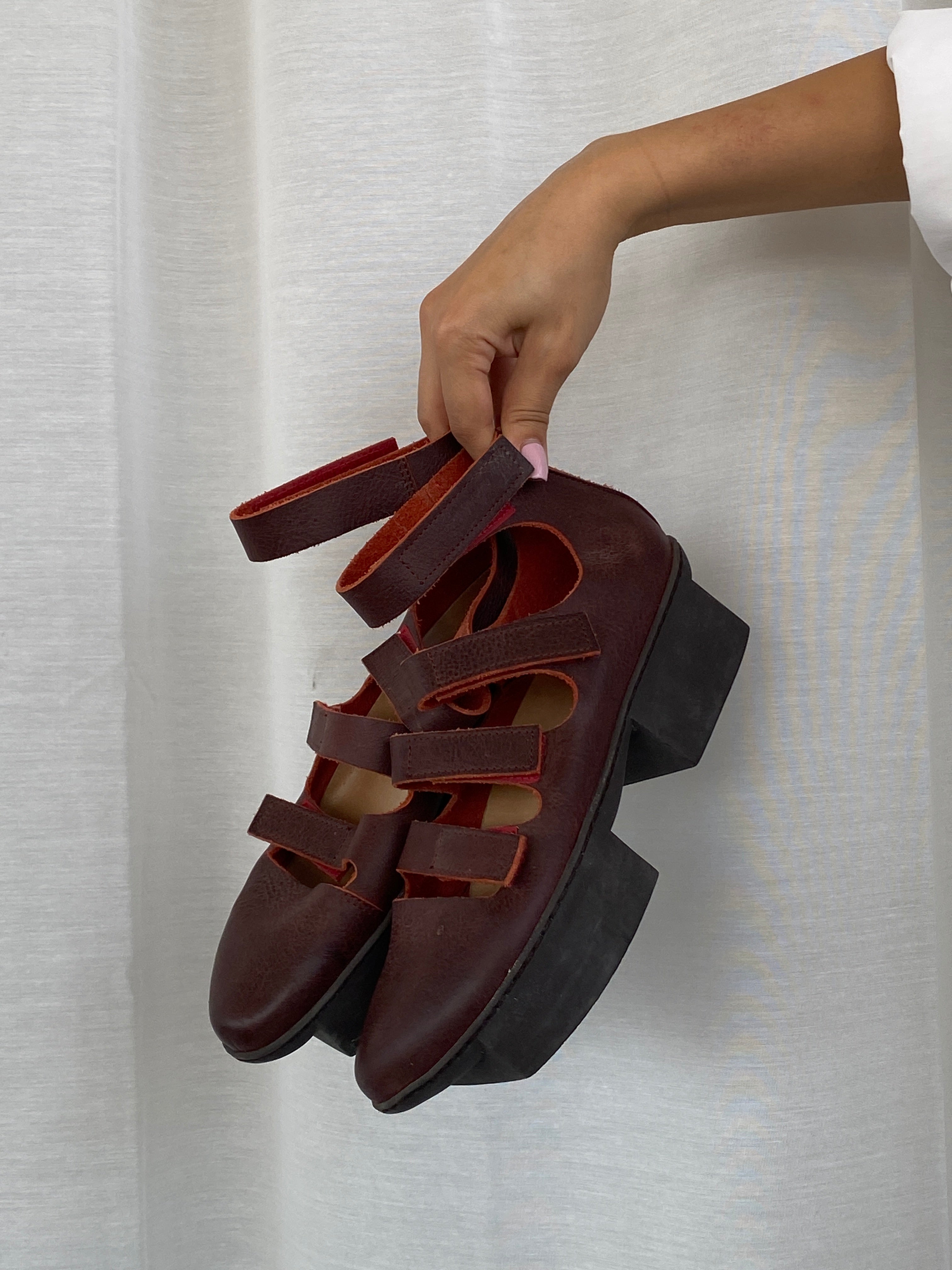 Trippen Burgundy Leather Platform Strappy Sandals – Handmade in Germany – Women’s Size 39EU