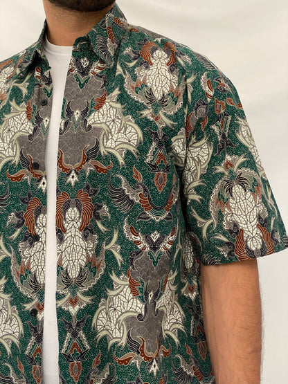 Vintage 90s Malaysia Collection Green Batik Paisley Cotton Short Sleeve Shirt - L