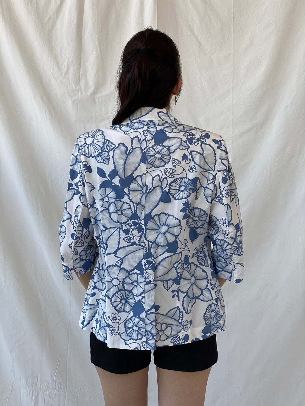 Y2K Nancy Co White Blue Floral Linen Blend Oversized Fit Blazer - L