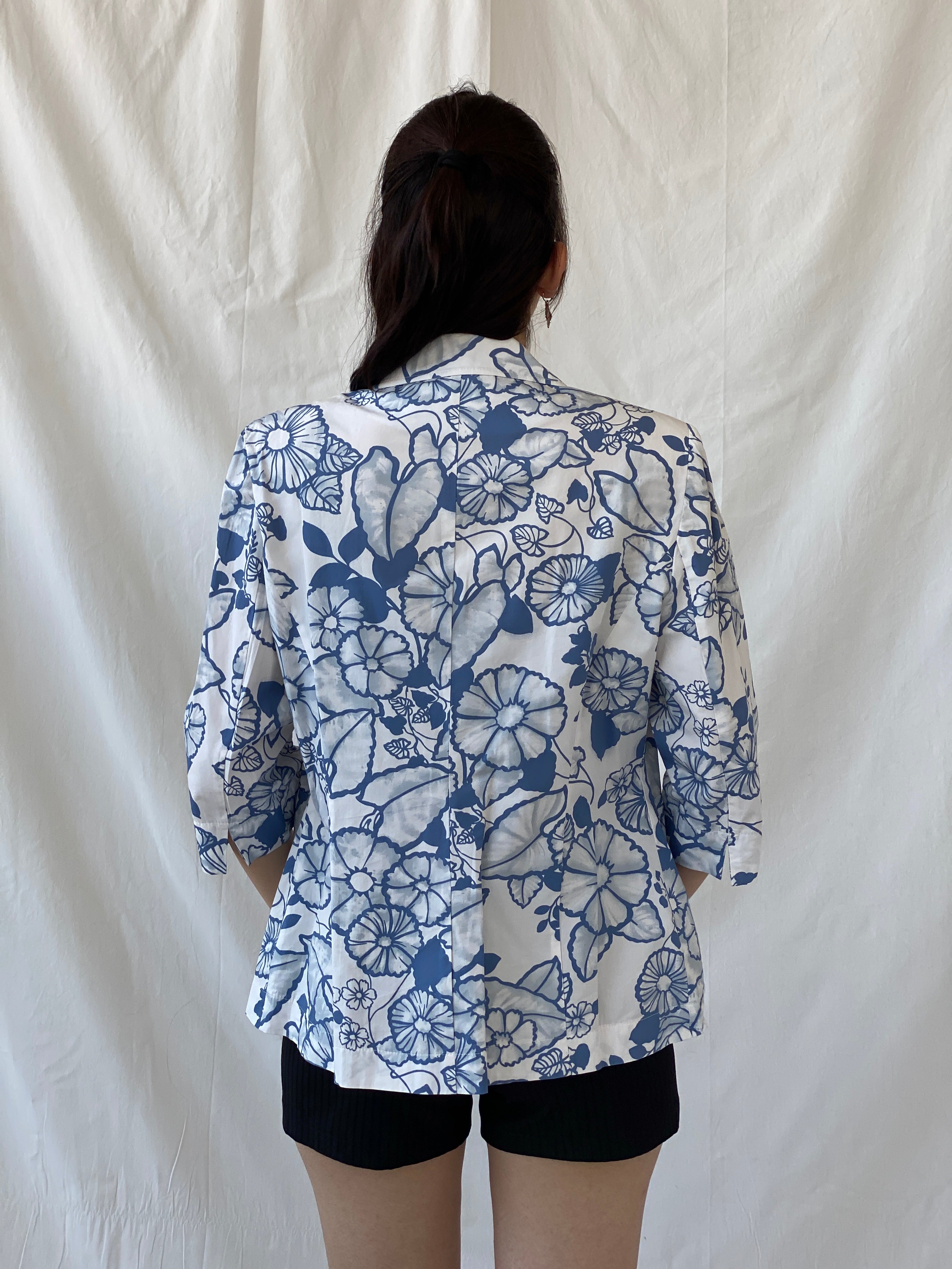 Y2K Nancy Co White Blue Floral Linen Blend Oversized Fit Blazer - L