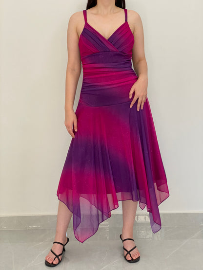 Vintage Y2K Three Pink Hearts Pink & Purple Ombré Glitter Mesh Handkerchief Midi Dress - L