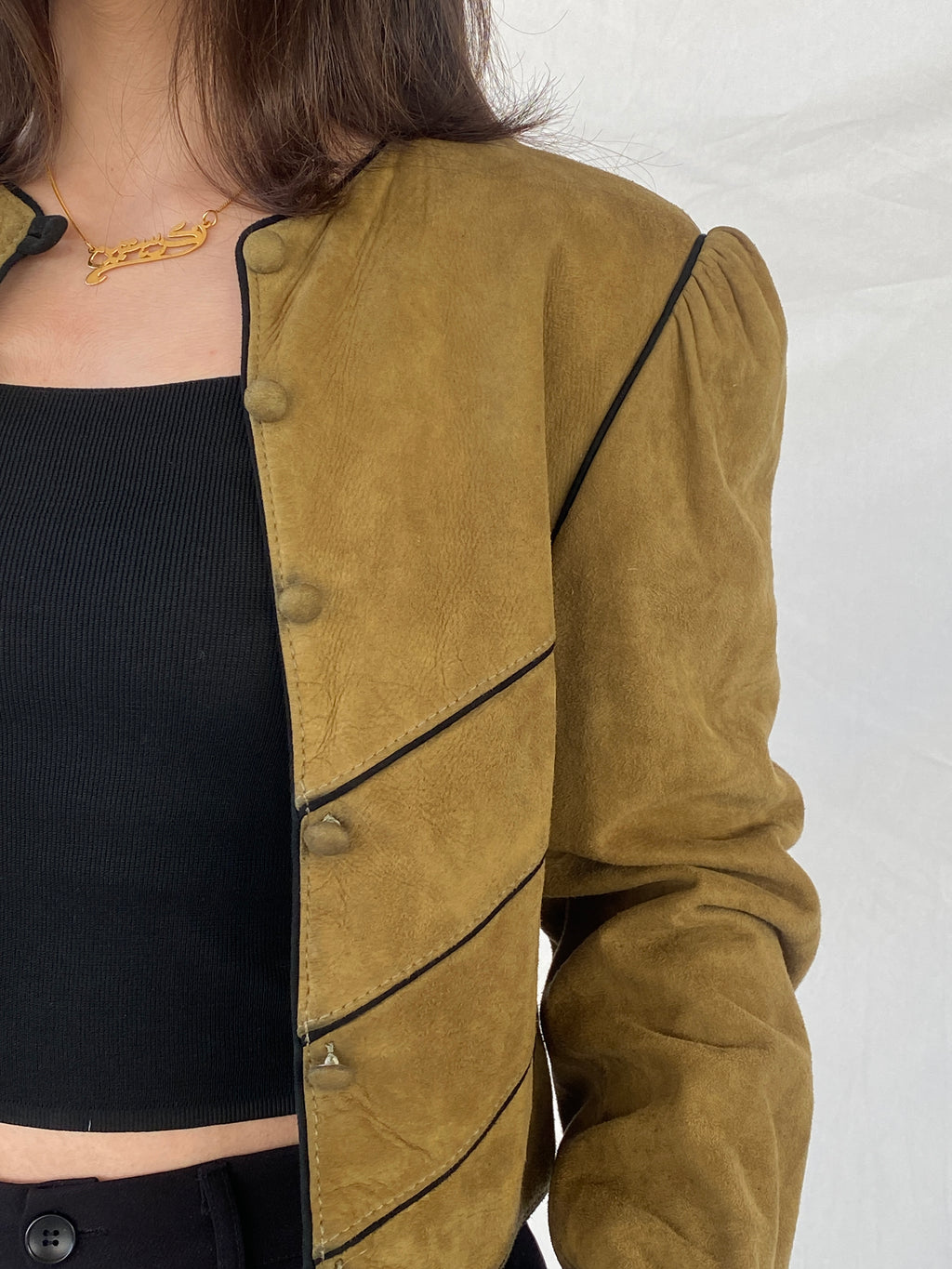 Vintage Olive Green Suede Trachten Buttoned Blazer Jacket - M