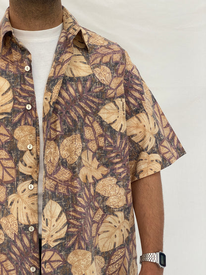 Vintage Tori Richard Hawaiian Shirt Beige Brown Tropical Print Camp Collar Aloha Shirt - L