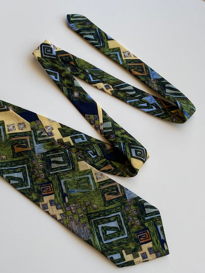 Vintage 90s T Fashion Green Navy Geometric Abstract Wide Necktie