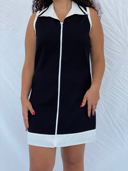 Vintage Handmade Zip-Up Tennis Style Black Midi Dress with White Collar - L