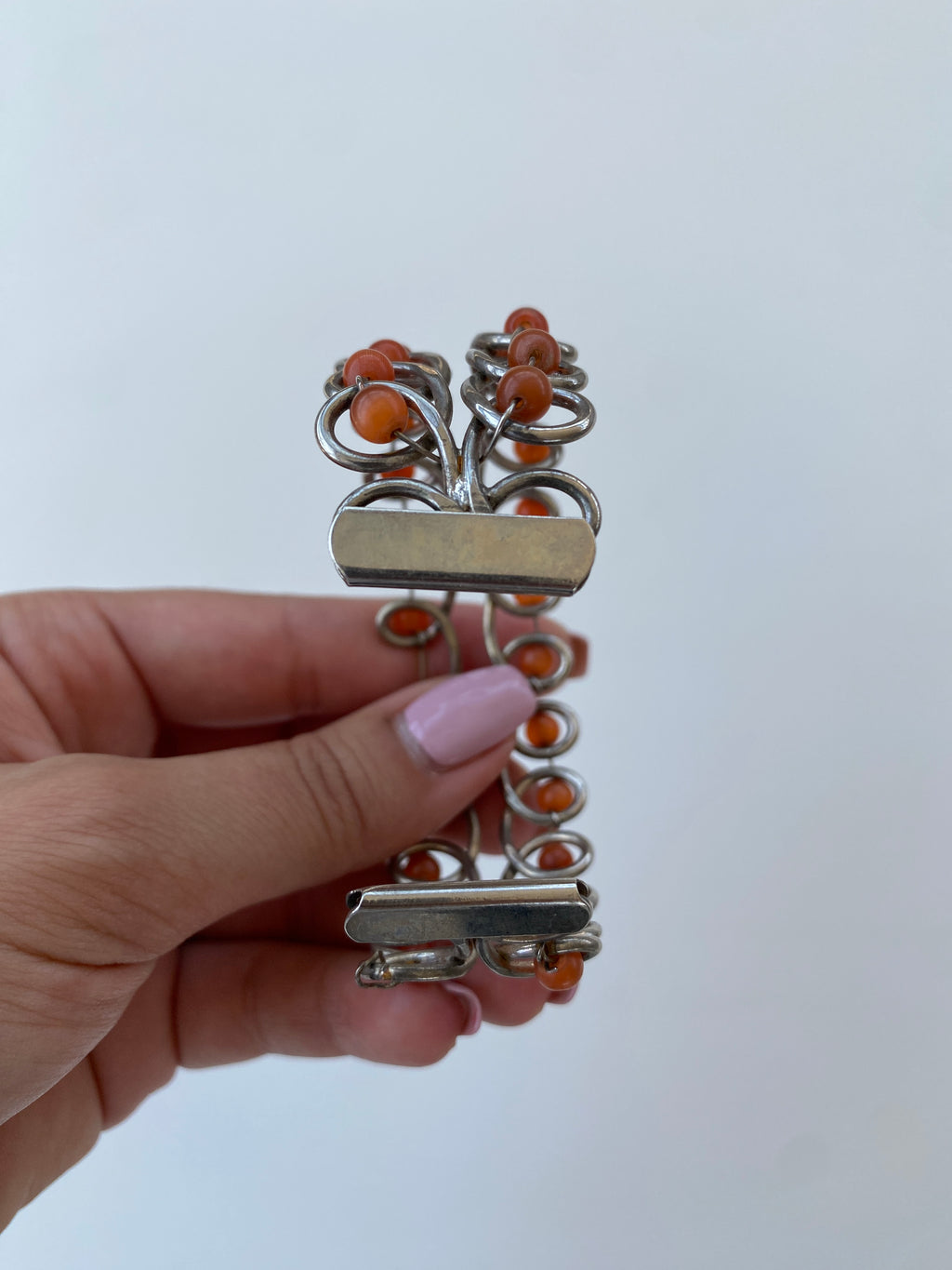 Vintage Wire Wrapped Bracelet with Orange Glass Beads – Retro Boho Jewelry