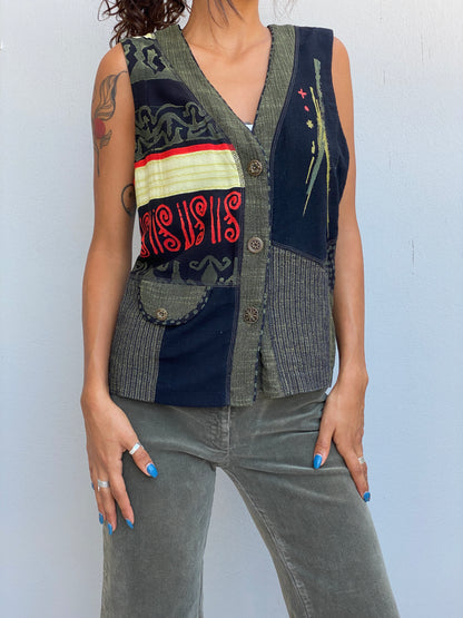 Vintage 90s Nancy Bolen Olive Green Patchwork Boho Vest – M