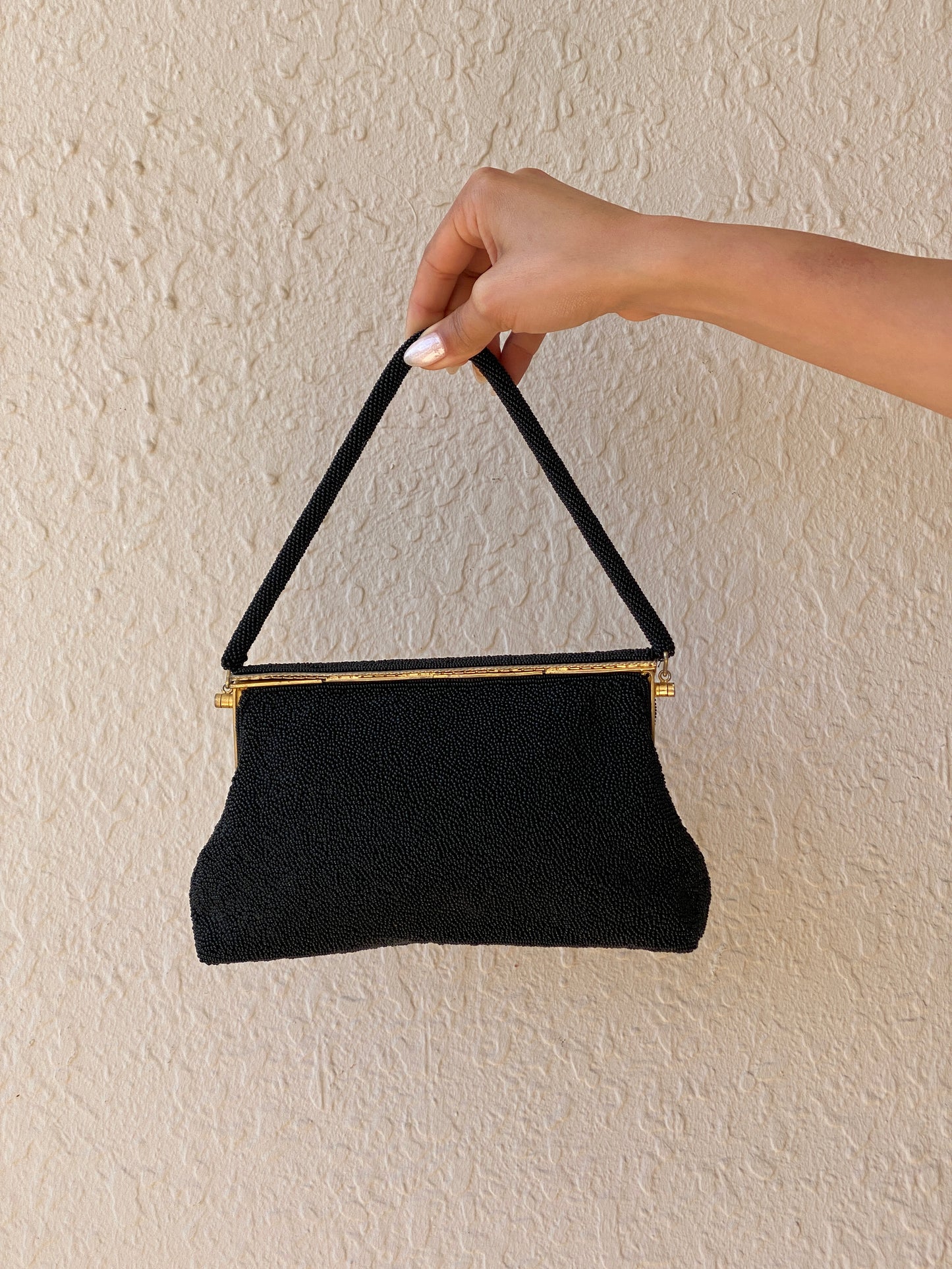 Vintage 1950s Black Micro Beaded Tapestry Floral Evening Bag – Gold Frame Mini Handbag