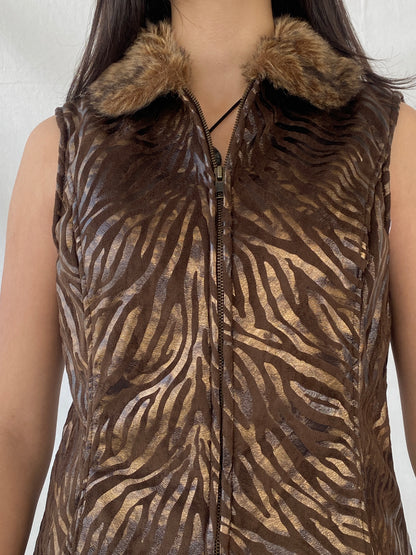 PR Powder River Outfitters Women’s Brown Zebra Fur-Collar Zip Up Fur Lined Vest - S