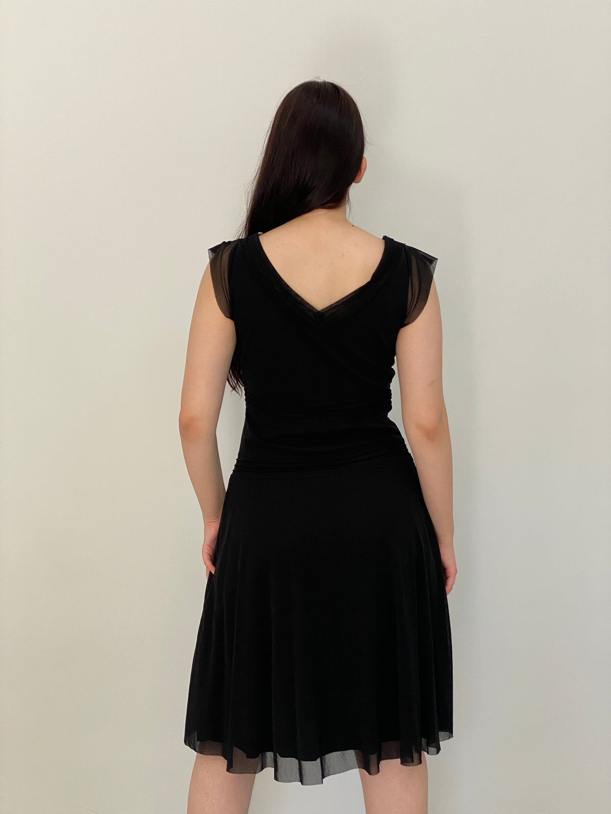 Y2K Mexx Black Beaded Mesh Drop Waist Midi Dress – M