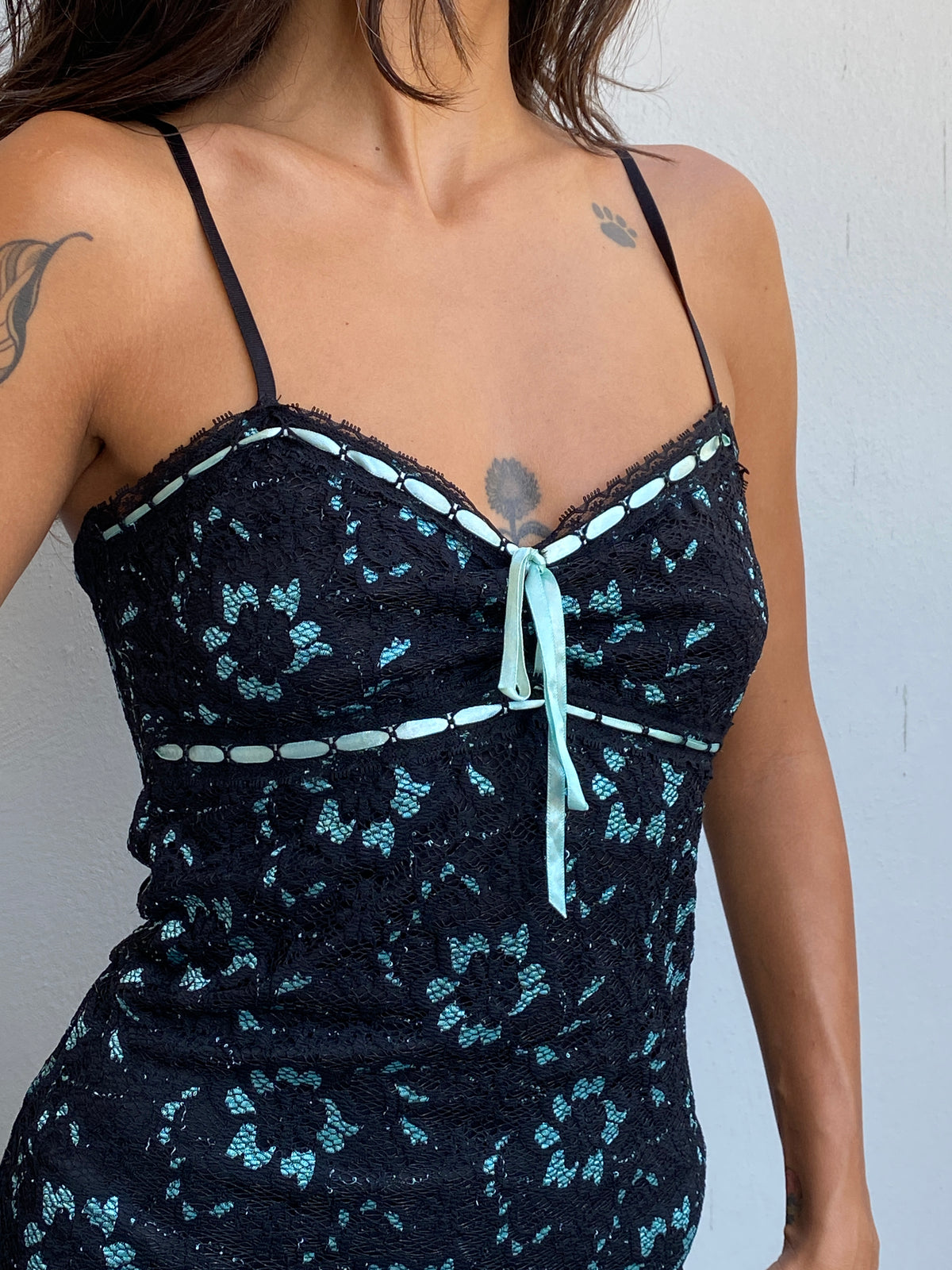 Vintage Y2K Cécilia Paris Black Lace & Aqua Floral Asymmetric Midi Dress - XS Vintage Y2K Cécilia Paris Black Lace & Aqua Floral Asymmetric Midi Dress - XS