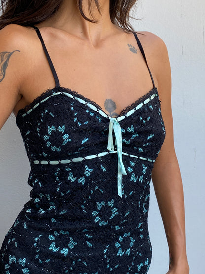Vintage Y2K Cécilia Paris Black Lace & Aqua Floral Asymmetric Midi Dress - XS