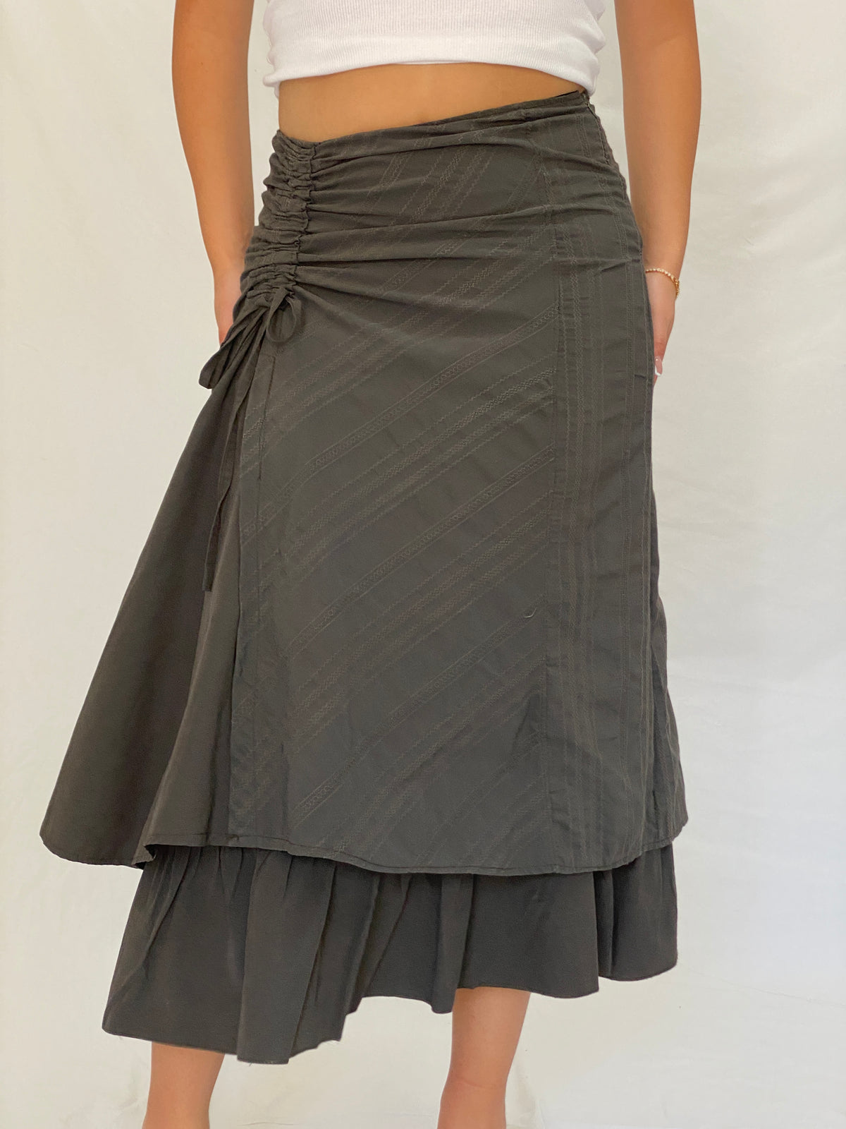 Y2K Whimsigoth Olive Green Ruched Layered Utility Midi Skirt – L Y2K Whimsigoth Olive Green Ruched Layered Utility Midi Skirt – L