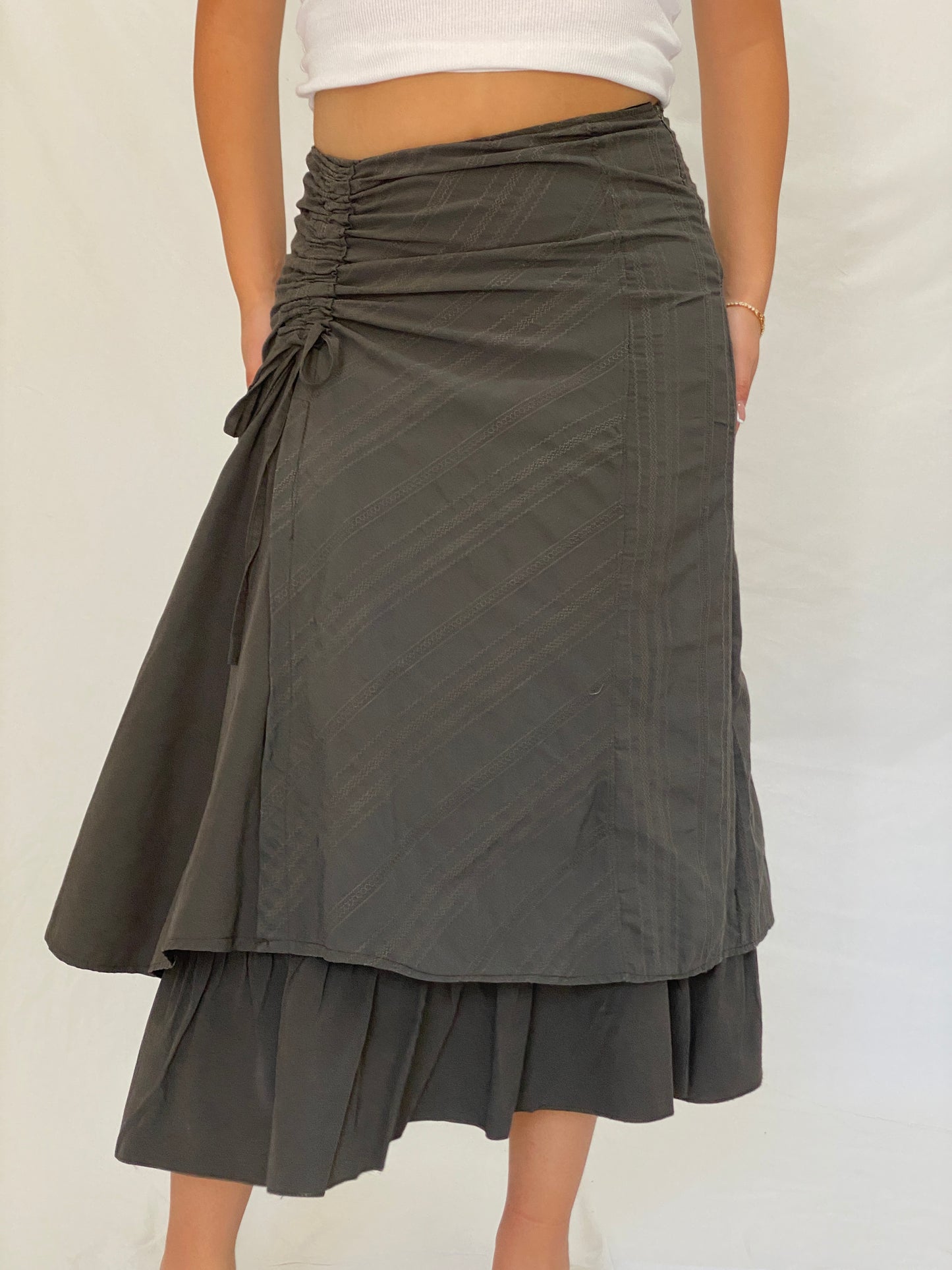 Y2K Whimsigoth Olive Green Ruched Layered Utility Midi Skirt – L