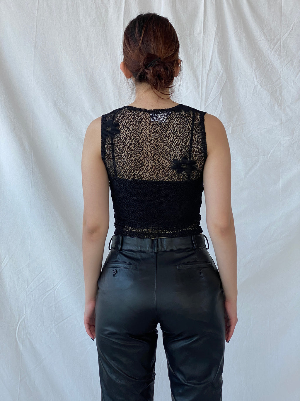 Vintage Y2K Streetwear Crew Neck Sheer Mesh Black Floral Top - S