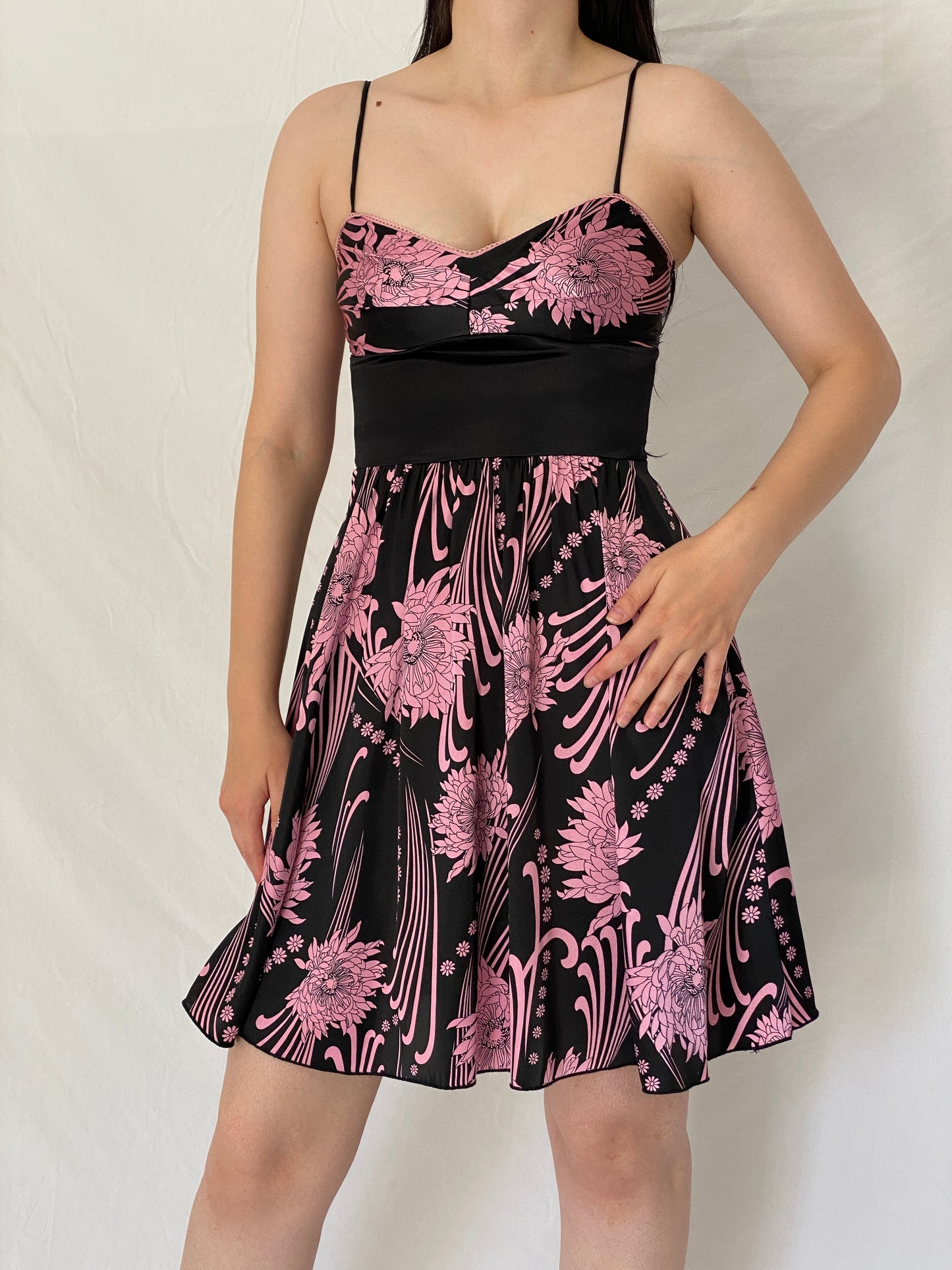 Vintage Y2K OXOXO Collection Black & Pink Floral Satin Dress – S