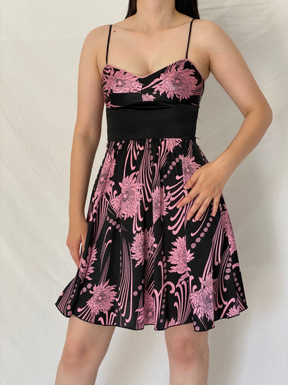 Vintage Y2K OXOXO Collection Black & Pink Floral Satin Dress – S