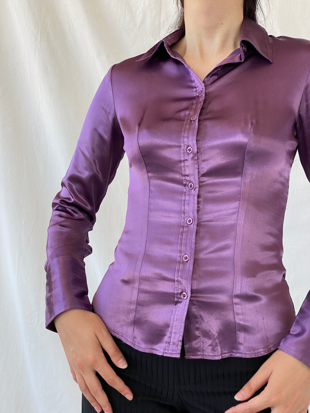 قميص نسائي بأكمام طويلة من الساتان أرجواني Y2K Camaîeu - مقاس صغير