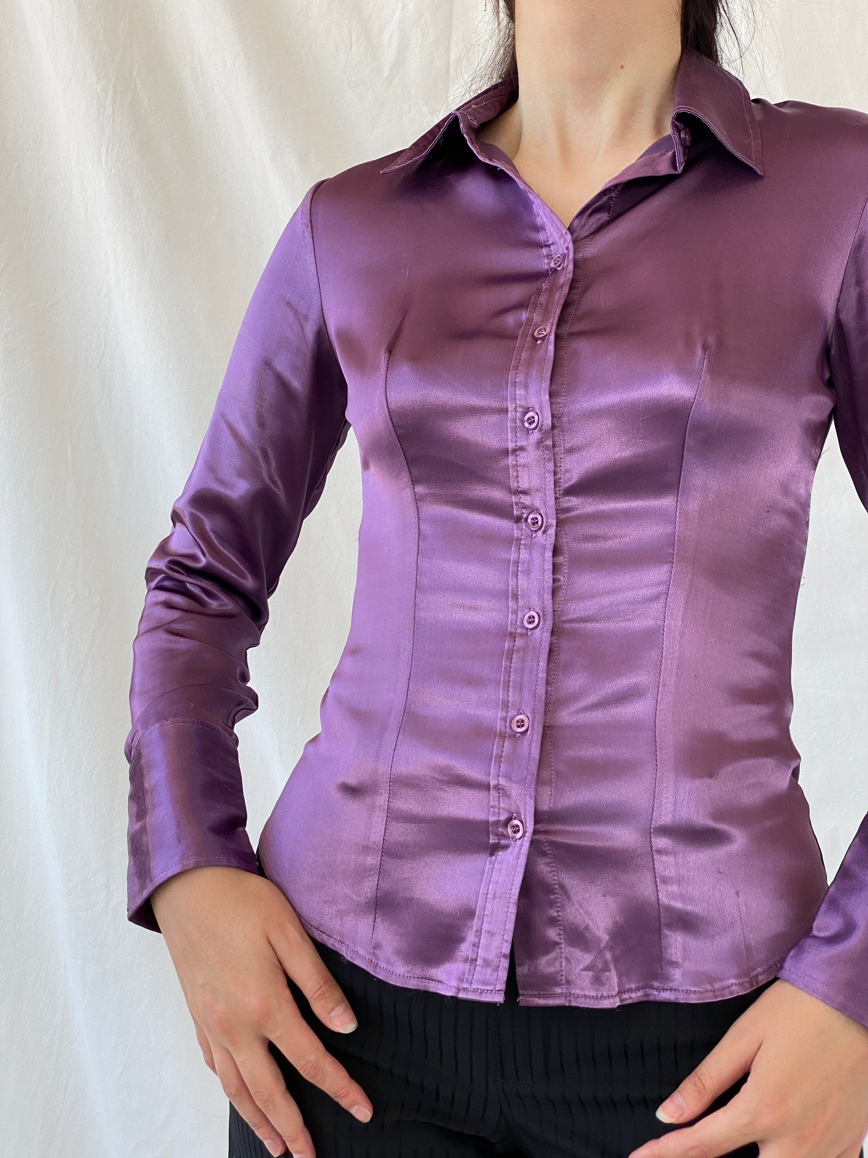 قميص نسائي بأكمام طويلة من الساتان أرجواني Y2K Camaîeu - مقاس صغير