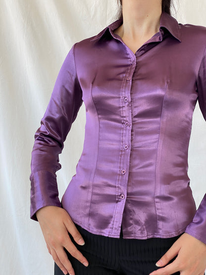 Y2K Camaîeu Purple Satin Long Sleeve Women’s Shirt - S