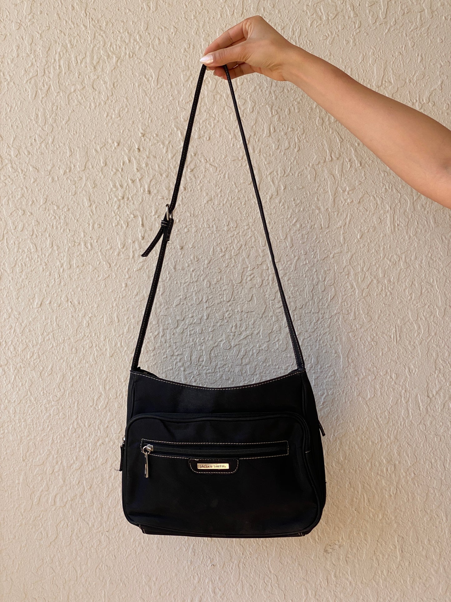 Vintage Y2K Jaclyn Smith Black Nylon Shoulder Multi-Pocket Crossbody Bag