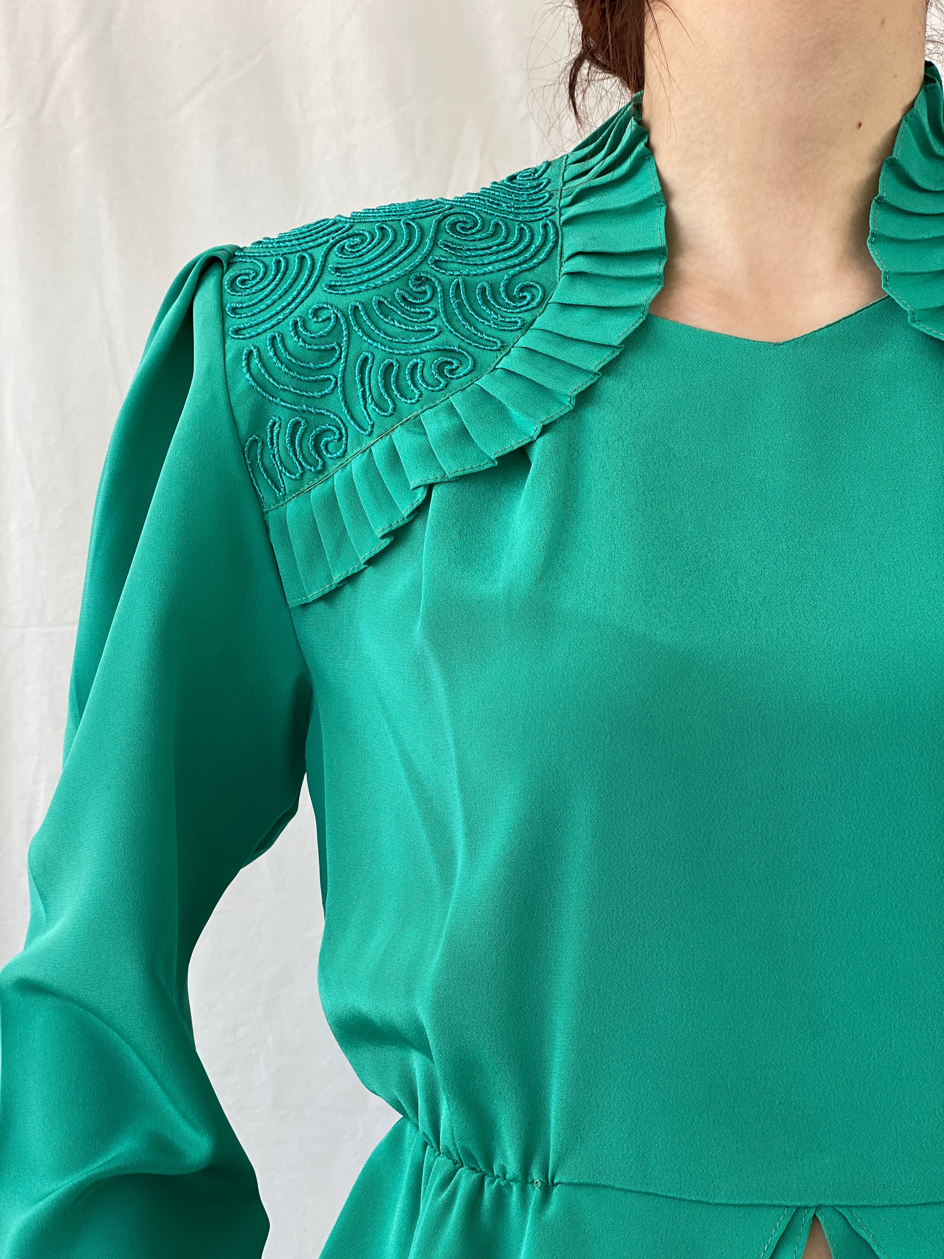 Vintage Doruk Green Embellished Padded Shoulders Long Sleeve Satin Blouse - L