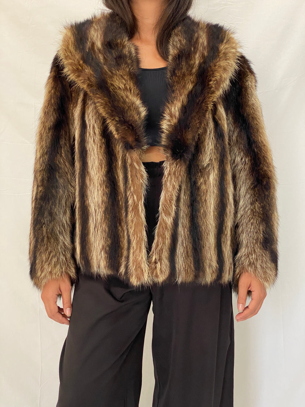 Vintage Striped Brown & Black Real Fur Coat - 70s Glam Winter Statement Jacket - M/L