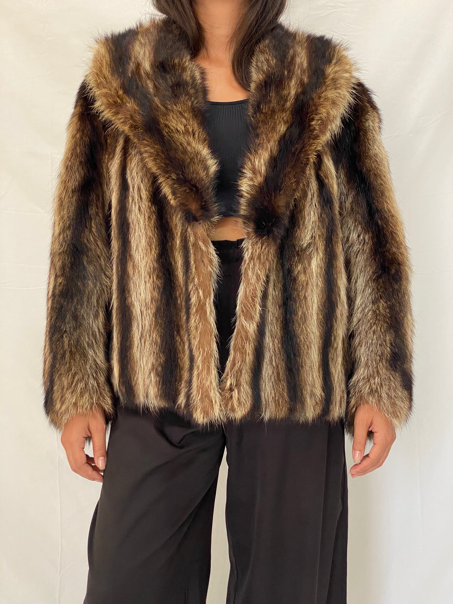 Vintage Striped Brown & Black Real Fur Coat - 70s Glam Winter Statement Jacket - M/L