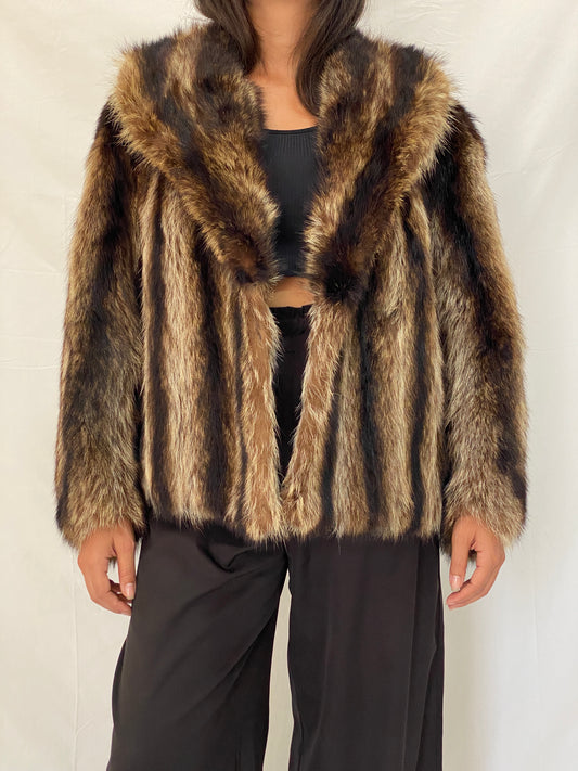 Vintage Striped Brown & Black Real Fur Coat - 70s Glam Winter Statement Jacket - M/L