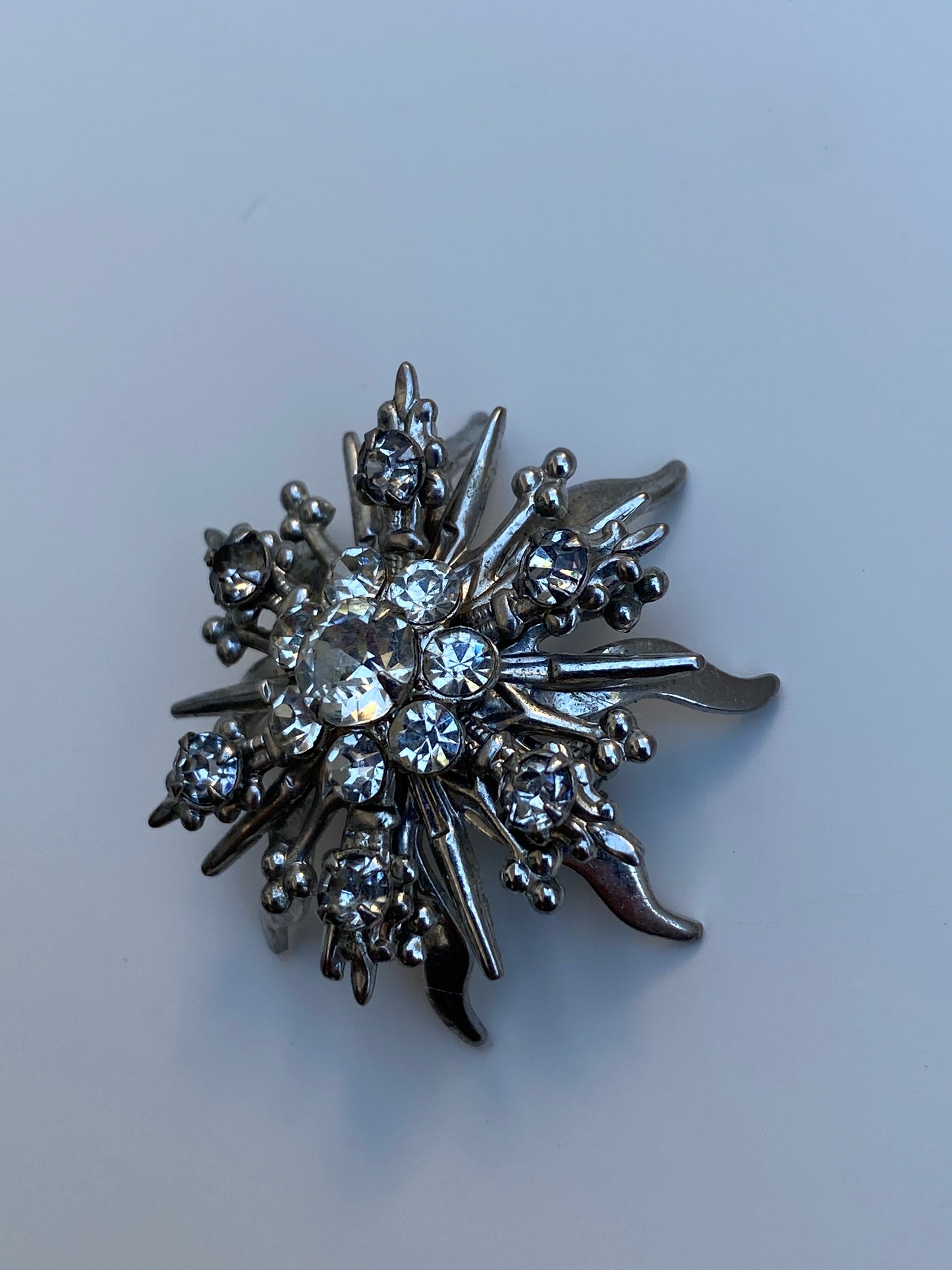 Vintage Mid-Century Silver Tone Rhinestone Starburst Floral Brooch