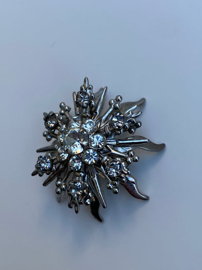 Vintage Mid-Century Silver Tone Rhinestone Starburst Floral Brooch