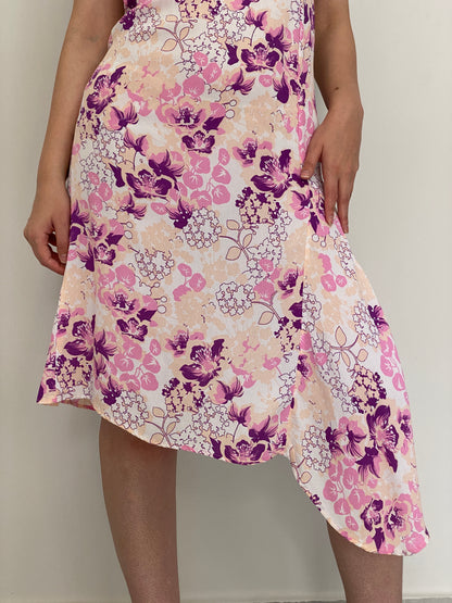 Vintage R Pink Floral Soft Girl Viscose Asymmetric Midi Dress – M