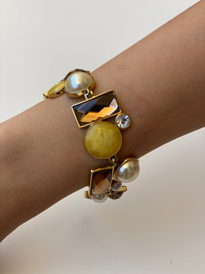 Viannois Geometric Pearl & Crystal Gold Tone Statement Link Bracelet