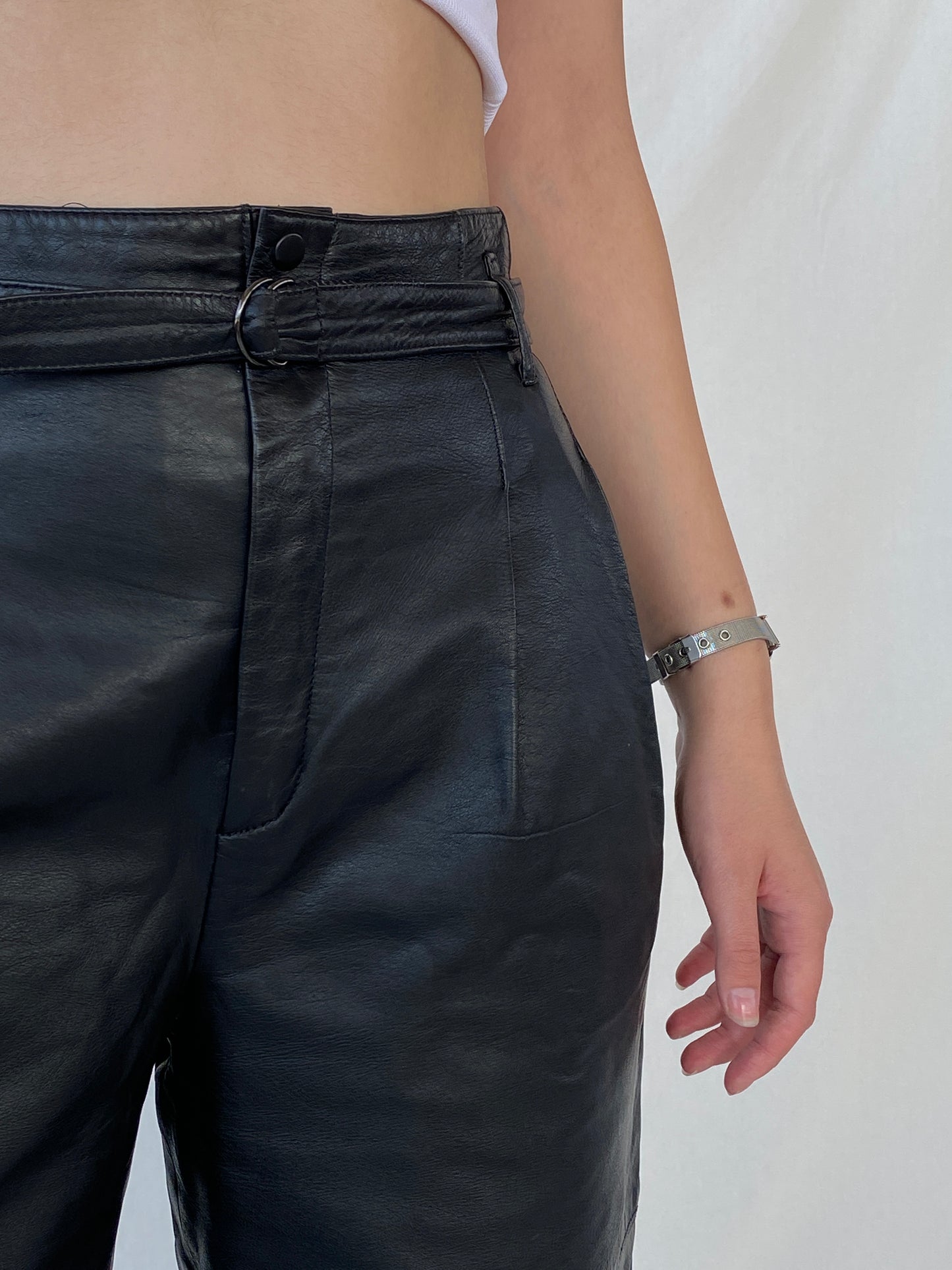 Vintage Betty Barclay Black Genuine Leather Biker Belted Pants - M