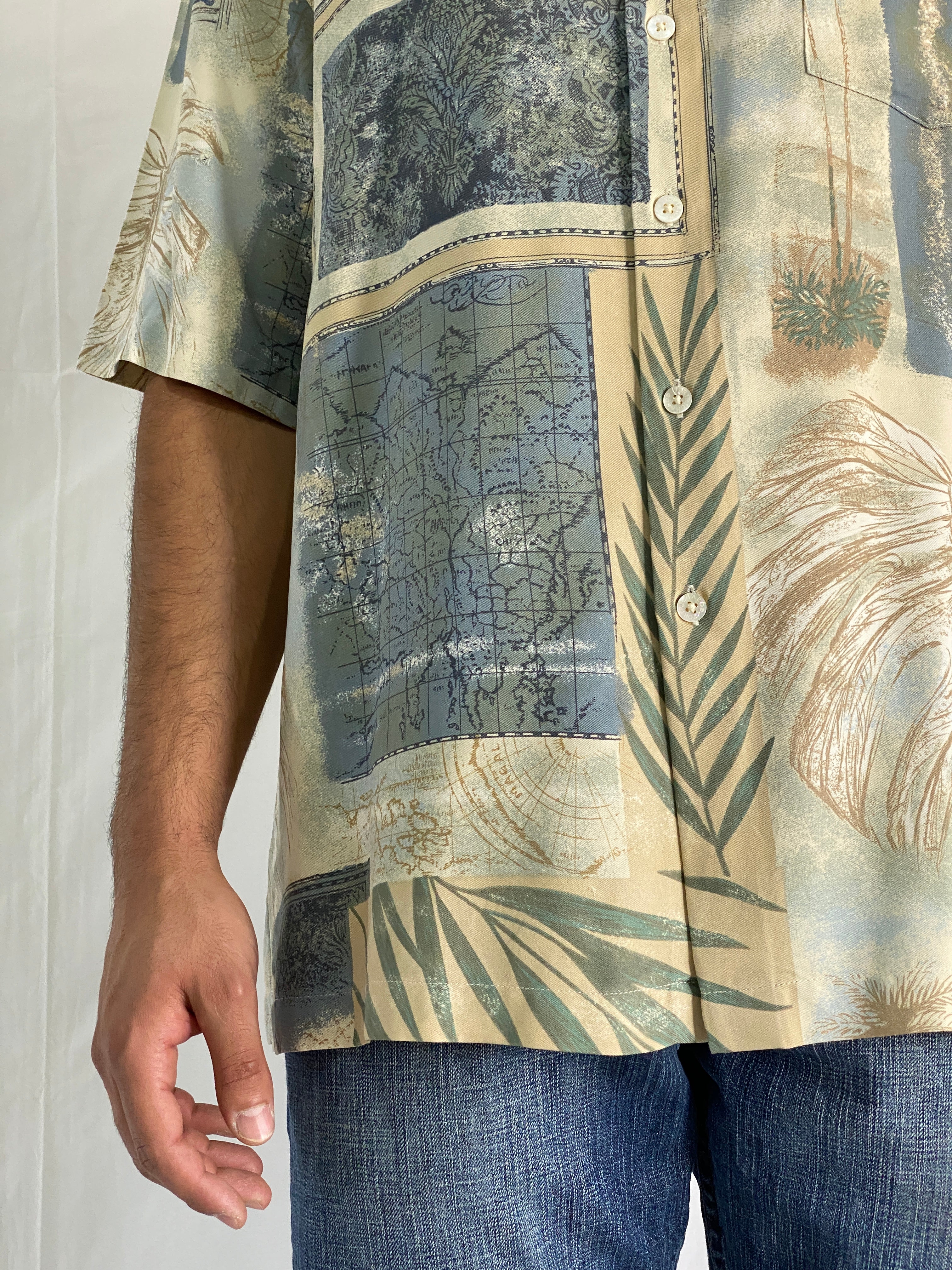 Vintage Tori Richard Silk Hawaiian Palm & Map Print Men’s Shirt - L