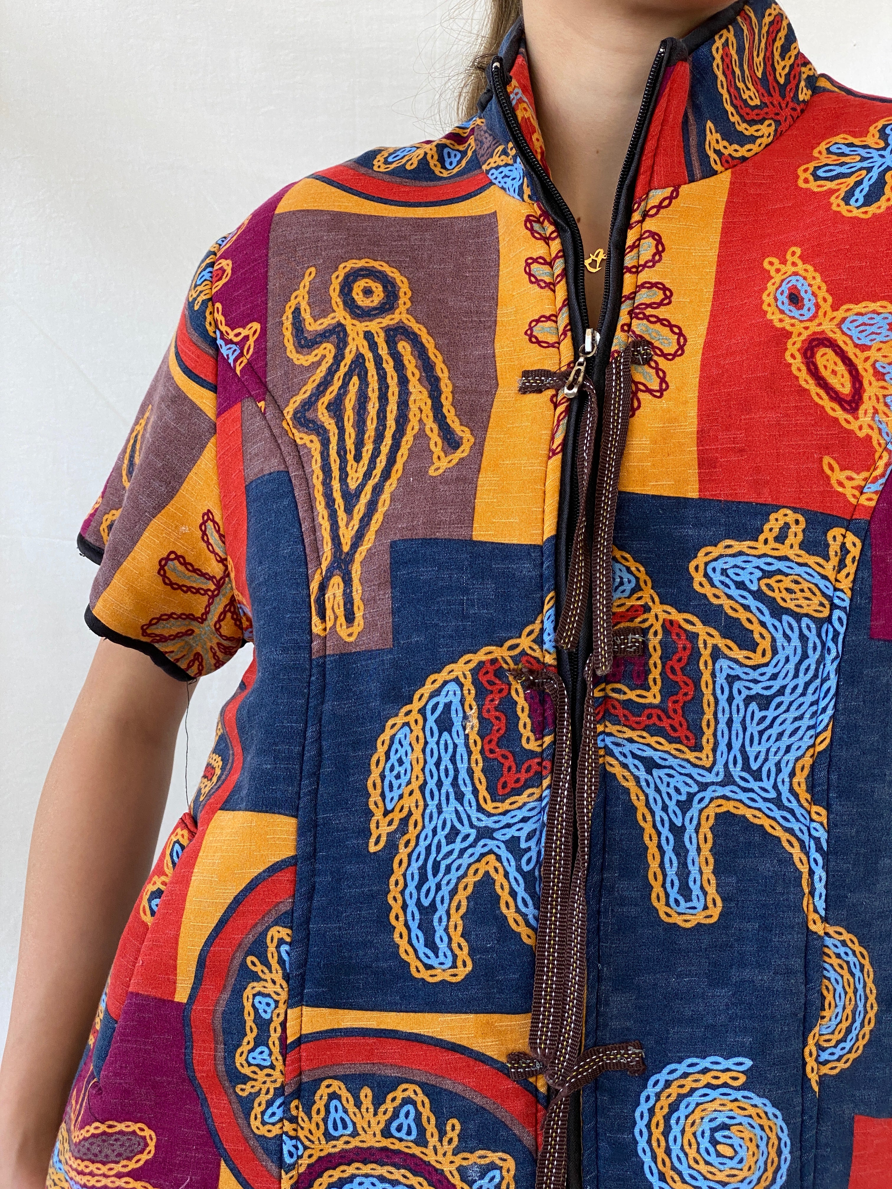 سترة بوليرو يابانية مبطنة متعددة الألوان بتصميم قبلي عرقي - مقاس كبير