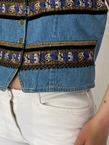 Vintage Y2K Liz Wear Denim Vest Boho Tapestry Trim Button Front Cropped Jean Vest – M