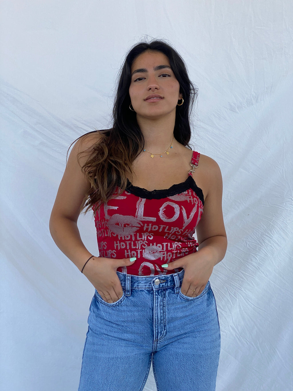 Y2k J.N.Y Red Graphic Cami Top With Lace Detailing- L