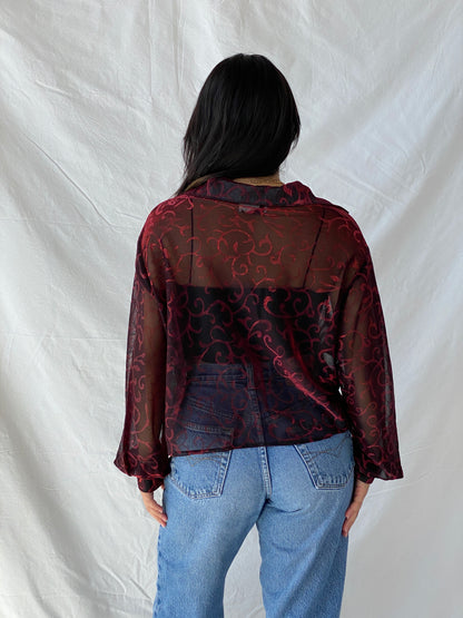 Vintage 90s 3K Fashion Cropped Black And Red Sheer Shirt - L