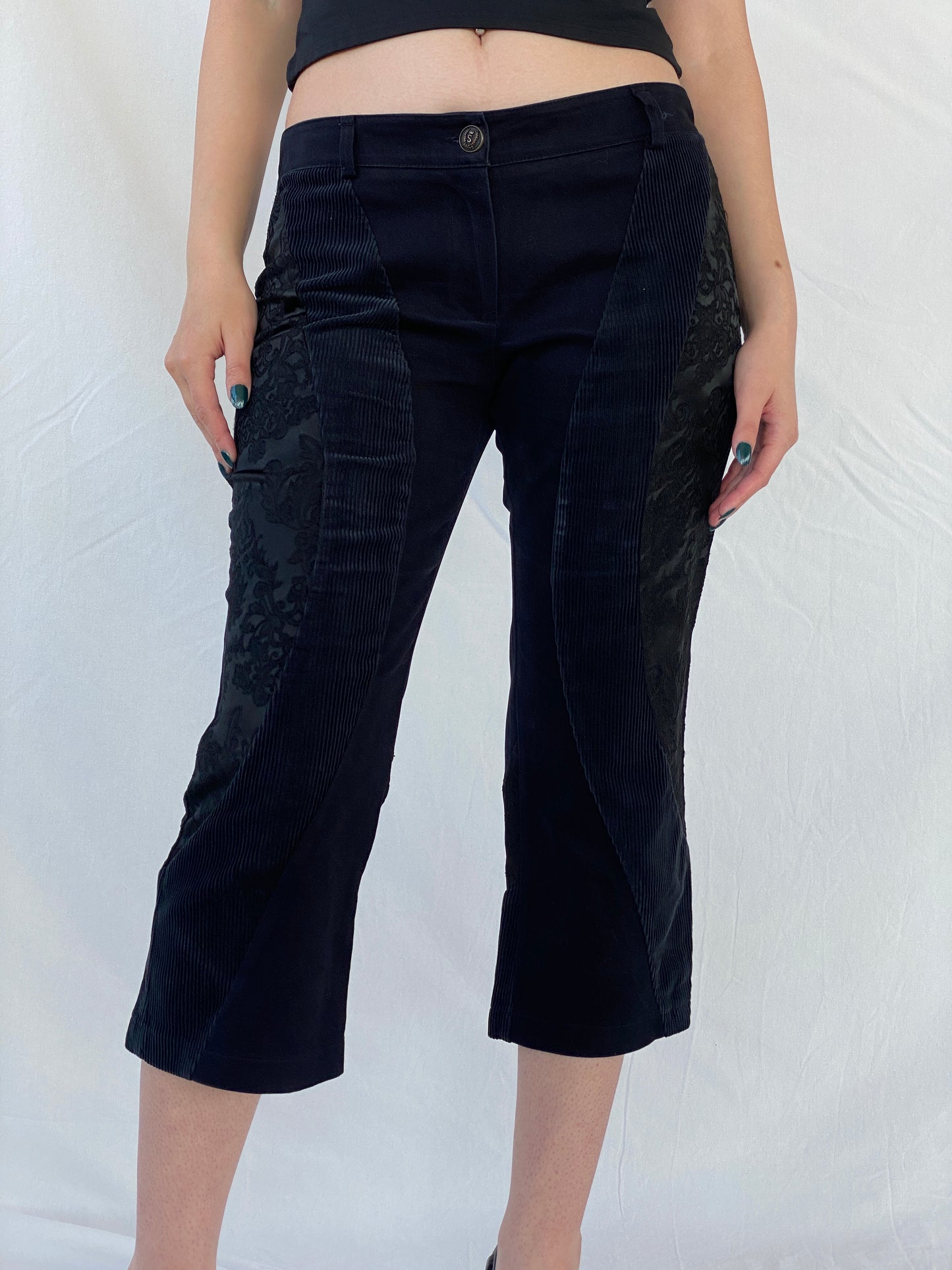 Y2K Sfarzo Milano Black Corduroy Patched Capri Pants - 44EUR