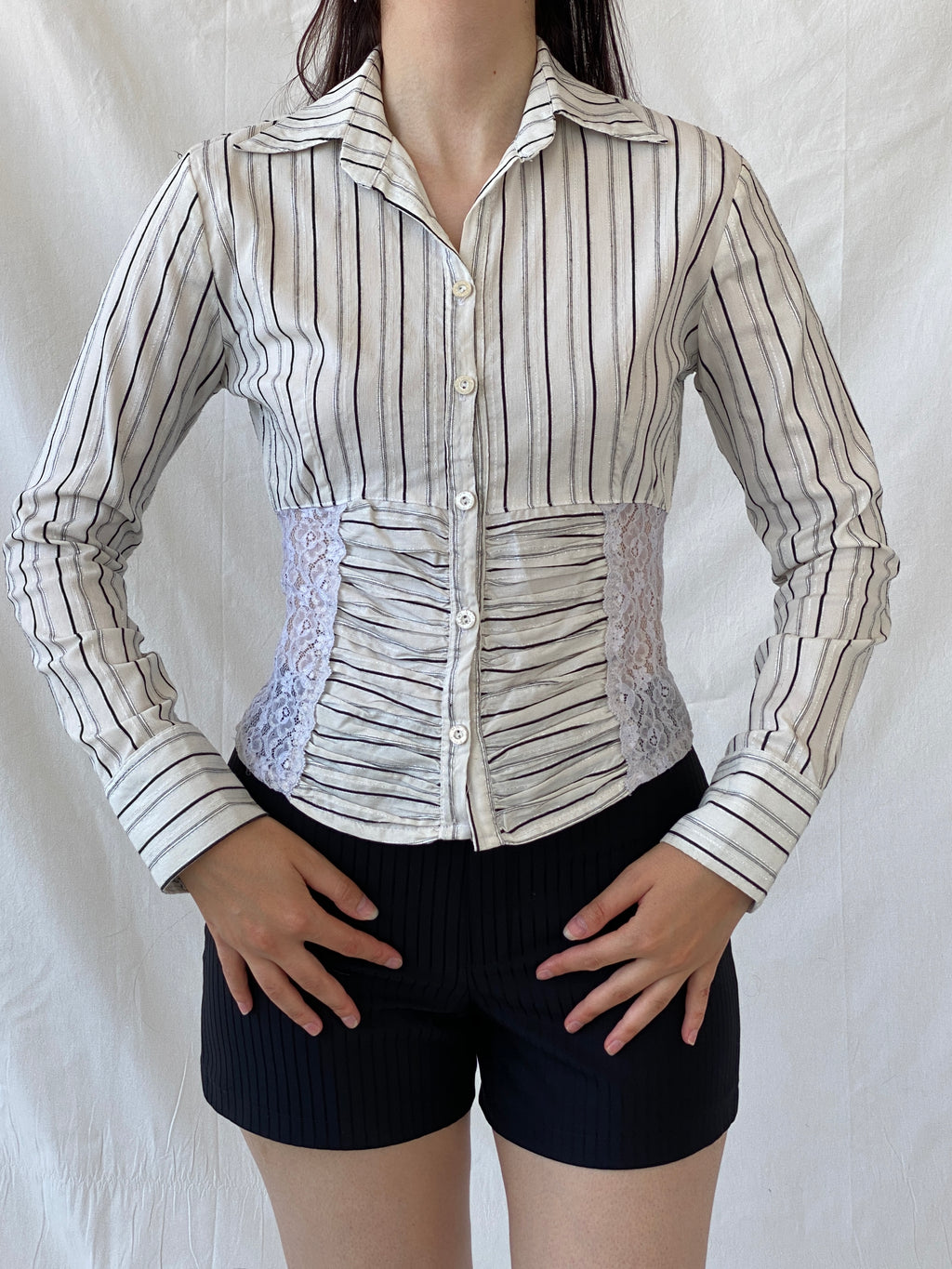 Y2K Explosion White Black Striped Office Core Full Sleeve Shirt - S