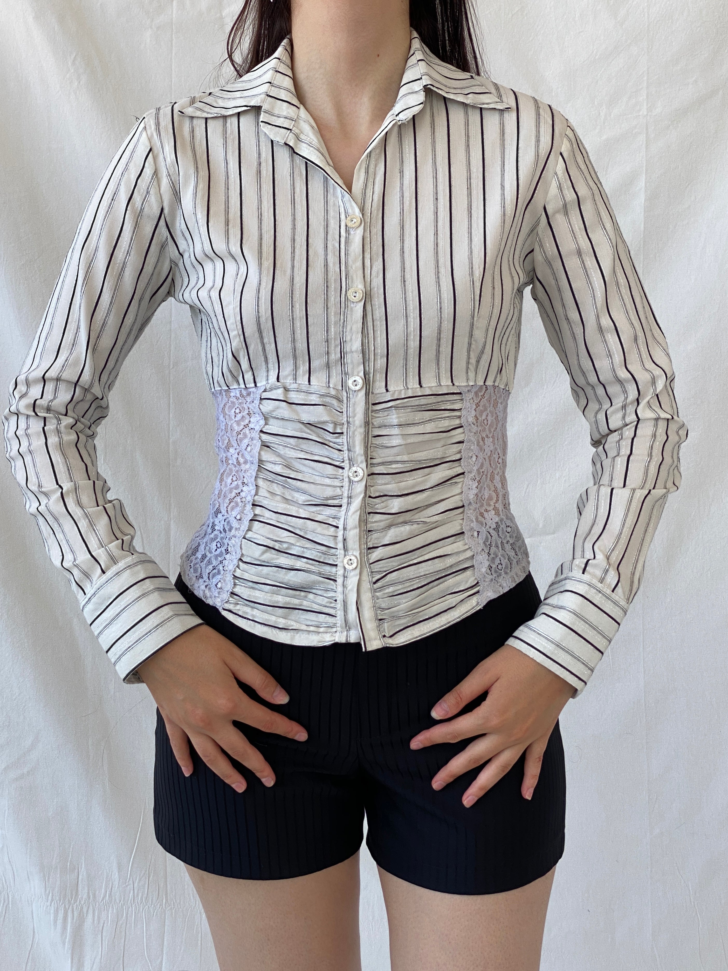 Y2K Explosion White Black Striped Office Core Full Sleeve Shirt - S