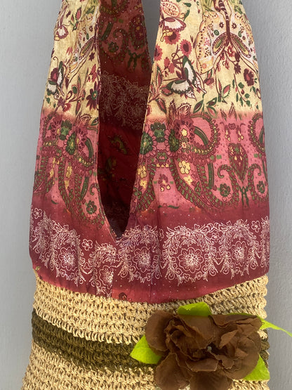 Vintage Boho Patchwork Straw & Paisley Print Tote Bag Floral Detail Shoulder Bag