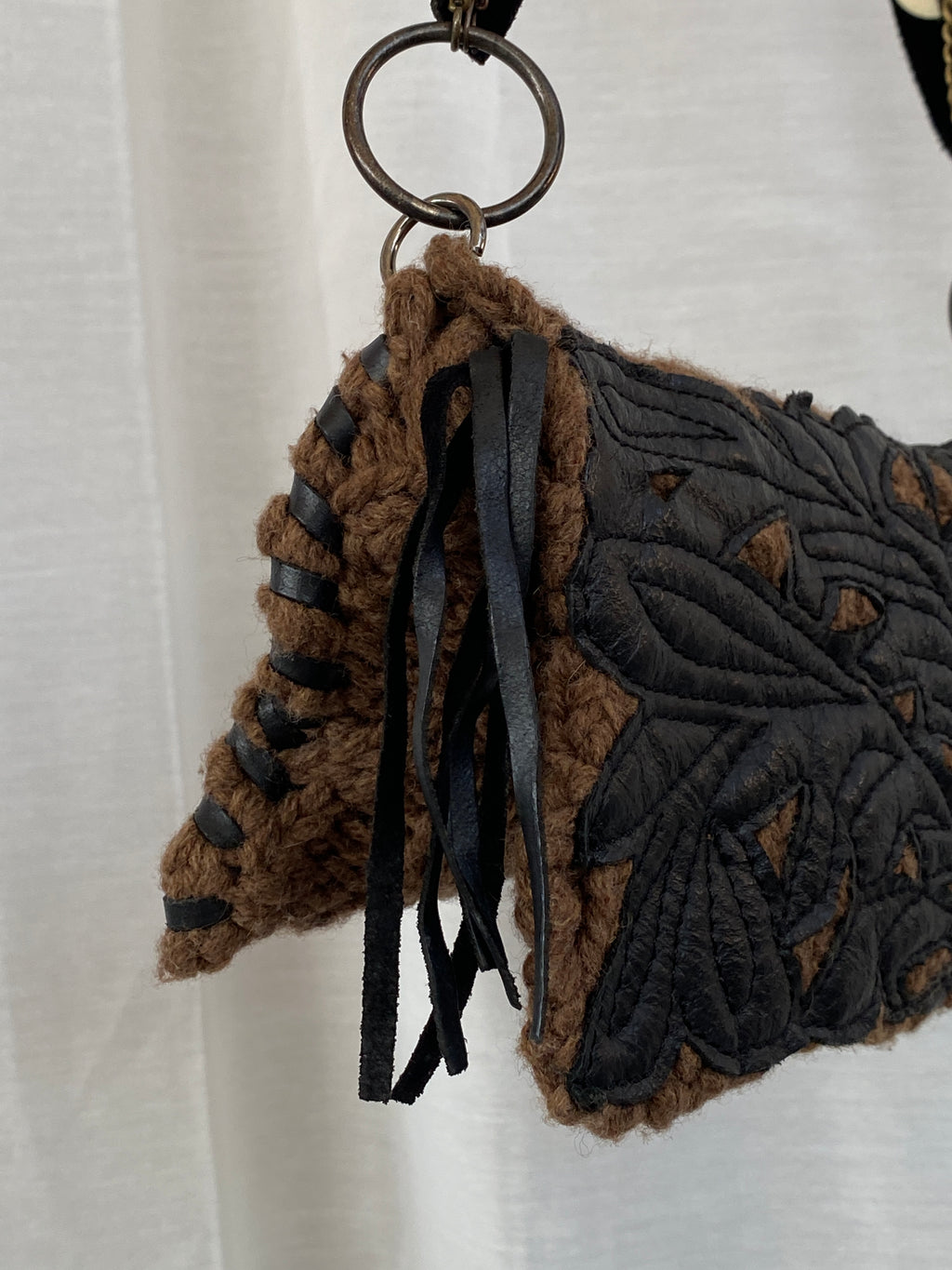 Y2K Chine Belgian Design Brown Crochet and Leather Shoulder Bag