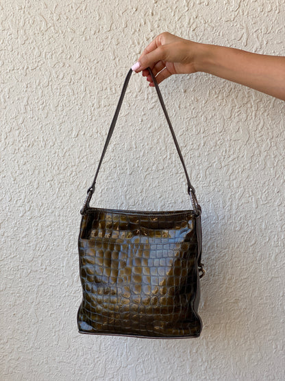 Vintage Brighton Olive Brown Croc Embossed Patent Shoulder Bag