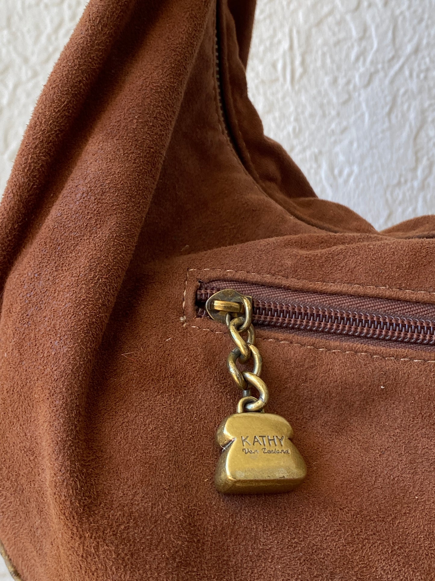 Gorgeous Kathy Van Zeeland Brown Vegan Suede Gold Faux Leather Trim Western Boho Shoulder Bag